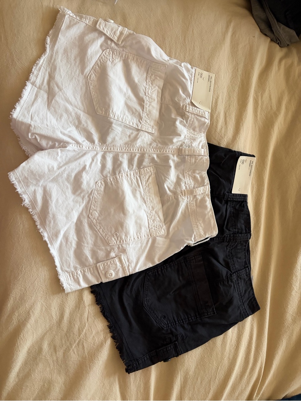 American Eagle White and Black Frayed Hem Cargo Shorts Duo